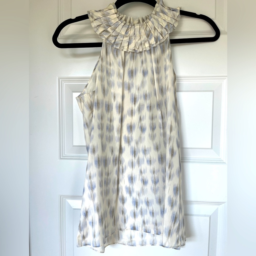 Ann Taylor 100% silk tank sz 2 Small blouse white blue unlined no zipper collar